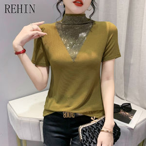 REHIN Autumn new fashion diamond-studded short-sleeved high-neck T-shirt slim-fitting spliced trendy womens top