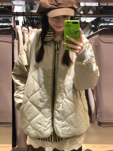 KUGEMA | Áo khoác cotton dày mùa đông cho nữ 2025 Áo khoác cotton lót nylon họa tiết kim cương cỡ nhỏ dài tay khóa kéo màu trơn