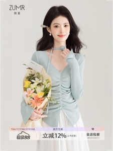 ZUMR French Folded Neckline Knitted Short T-Shirt Womens Slim Fit V-Neck Base Layer Top Polyester Wool Nylon Spandex Blend