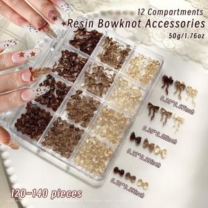 12Grids 3D Mini Maillard Brown Bowknot Kawaii Ribbon Bow New Year Nail Art Decorations Autumn Winter Y2K Bowtie Nail Rhinestones