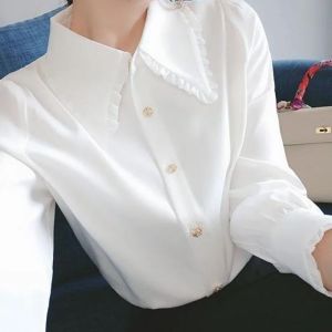 Áo Sơ Mi Chiffon Cổ Búp Bê Che Bụng Thời Trang Xuân 2024 Cho Nữ Áo Dài Tay Thường Xuyên Dáng Ôm Vừa Vặn Chất Liệu Polyester