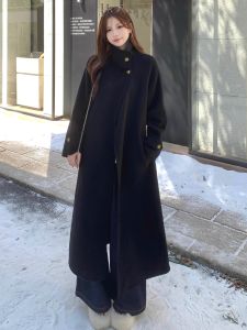 Black Woolen Coat Korean Style Womens Large Size Fat MM Spring Autumn Stand Collar Thickened Long Sleeve Mid-Length Double Button