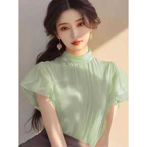 เสื้อเชิ้ตผ้าชีฟองแขนสั้นฤดูร้อนสำหรับผู้หญิง 2024 ใหม่ สไตล์ฝรั่งเศส สง่างาม ระดับไฮเอนด์ เฉพาะตัว สวยงาม เสื้อเชิ้ตผ้าชีฟองสำหรับผู้หญิง