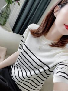 Summer Ice Silk Knitted round Neck Striped Short Sleeve Top Korean Style Loose Fit Commute Fashion Womens Premium Clothing