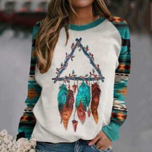 Retro Womens Printed round Neck Sweater Street Style Long Sleeve T-Shirt Comfortable Loose Fit Polyester Autumn Fashion