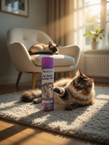 FLIWSSITIVES PET CARPET CLEANING SPRAY 300ML - REMOVES PET STAINS AND ODORS - SUITABLE FOR PET-FRIENDLY HOMES - BRIGHTLY COLORED CARPET WITH TOYS AND DOG BED IN BACKGROUND