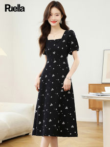 Puella Floral Print Chiffon Dress Black Hepburn Style Square Collar A-Line Skirt Slimming High Waist Korean Style Commute Dress