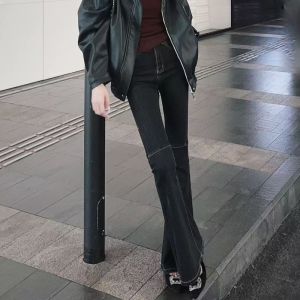 Modern Hong Kong Style Womens Jeans High Waist Slim Fit Long Leg Design Casual Washed Cotton Stretch Bootcut Pants