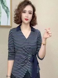 Fashionable Striped Casual Pure Color Hoodie T-Shirt Slimming Design Spring Autumn New Style Womens Commute Style Long Sleeve V-Neck