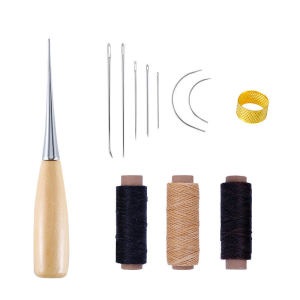 ZEO 12pcs Leather Sewing Kit Sewing needle/Wooden Handle Awl/30m Wax Thread