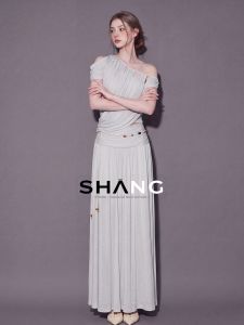 SHANGSHA | Elegant Off-shoulder Asymmetric Beaded Pleated Dress Set