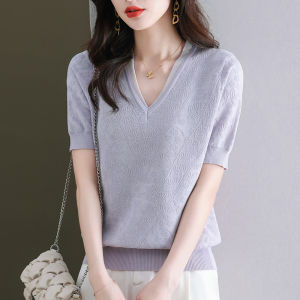 plus Size Summer Ice Silk Knitted Top Women Loose V-Neck  Silk Short Sleeve T-Shirt Slimming Effect Belly Covering