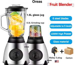 Oreas 🇲🇾 Blender 1600ML + 300ML Glass jug Large Capacity 5 Speed High Power 6 Blade Stainless Steel Fruit Juicer