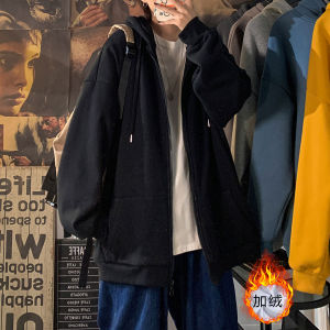 Oversize Hooded Zipper Jacket Mens Thickened Fleece American Street Style Cardigan Sweater Autumn Winter Casual Youth Fashion
