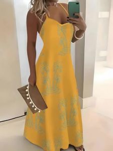 Printed Design summer vacation style Palm Trees On Yellow Dress spaghetti strap dress