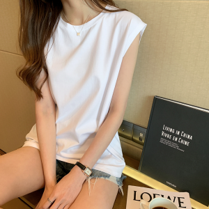 Full-Figured Womens T-shirt White Vest Womens Sleeveless Outwear Loose Small Sling Inner Wear Blouse Sports round Neck Waistcoat Pure Cotton