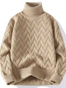 Mens High Collar Fleece Lined Loose Knitwear Winter Thickened Base Layer Sweater Teenage Floral Pattern Casual Long Sleeve Top