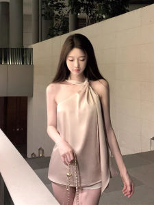 Áo Vest Satin Cổ Treo Thanh Lịch Cho Nữ Mùa Hè 2024 Áo Sơ Mi Hở Vai Thanh Lịch Mới Cao Cấp Chất Liệu Polyester Dài Vừa Phải