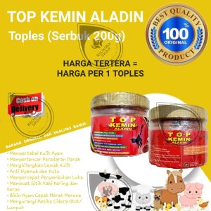 TOP KEMIN Serbuk ALADIN Kemasan Toples Isi200gram untuk Ayam Mempertebal Kulit Ayam Perlancar Peredaran Darah Cepat Merah Merona