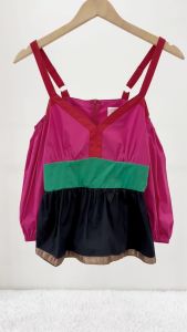 Korea Woman Summer V Neck Cut Out Sleeve Colour Block Blouse