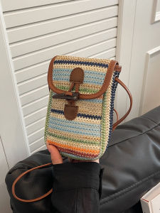 Color Block Straw Weaving Crossbody Bag for Women Summer Beach Vacation Handbag Korean Style Mobile Phone Bag Youth Fashion