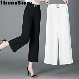 (XL-5XL) IRENSTORY Womens wide-leg pants high-waisted baggy plus size elastic nine-point casual straight pants mom pants