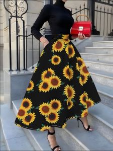Printed Design Four Seasons Casual Style Sunflower Black Background Pattern Printed Half Skirt