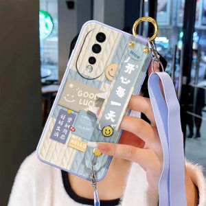 Honor 90 pro Soft Silicone Phone Case with Wristband Stand Anti-Fall Full Cover Protective Shell Couple Crossbody Neck Rope Strap Plaid Style