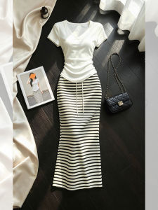 SHAXU | Aesthetic V-Neck Short Sleeve T-Shirt and Striped Skirt Two-Piece Set