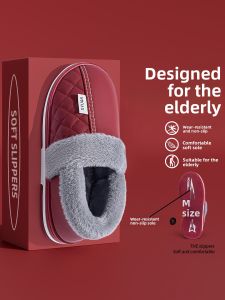 MONLEYTA | Elderly Cotton Slippers Womens Winter Indoor Home Wear Mens Outdoor Wear Fleece Lined Warm Leather Cotton Shoes Simple Style Universal PU Help Rubber TPR