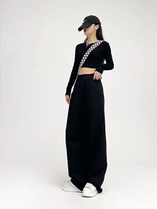 Crush Fashion Black and Grey Loose Casual Sports Baggy Pants Womens Elastic Waist Design Sweatpants Pants