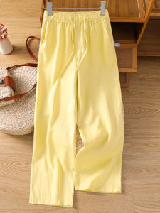 กางเกงขายาวทรงหลวมเอวสูงผ้าลินินสีเหลืองสำหรับผู้หญิง ฤดูร้อน 2025 กางเกงขายาวทรงตรงทรงหลวมผ้าลินินผสมลินินและคอตตอนสำหรับผู้หญิงไซส์ใหญ่