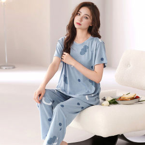 Womens Modal Sleepwear Short Sleeve Long Pants Home Clothes Thin Summer Air Conditioner Suit Set Comfortable Breathable