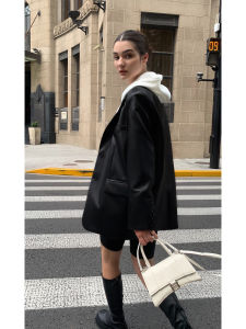 NEVA HU Black PU Leather Jacket Womens Loose Fit Premium Feel Street Style Suiting Straight Tube Shape Long Sleeve Coat