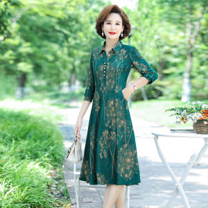 ชุดเดรสยาวแขนยาวลายดอกไม้สำหรับผู้หญิงวัยกลางคนและผู้สูงอายุ ชุดแฟชั่นฤดูใบไม้ร่วง ชุดแม่ ชุดเดรสยาวปานกลาง ชุดเดรสยาวปานกลาง