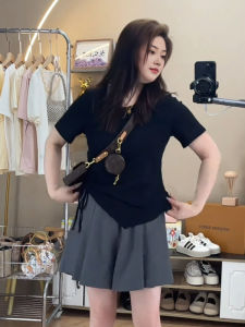 Áo Thun Tay Ngắn Có Dây Rút Không Đều Cỡ Lớn Mùa Hè Cho Nữ Áo Che Bụng Vai Thiết Kế Mới Áo Thun Rộng Rãi Thoáng Khí