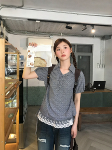 NIHAOKANONG | Áo Blouse Vintage Ngắn Tay In Carô Viền Ren và Mộc Nhĩ