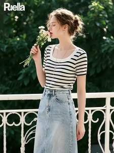 puella | Áo Thun Nữ Tay Ngắn Form Ôm Cổ Vuông Thiết Kế Pháp