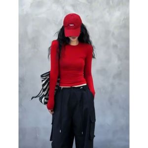 Early Autumn Chic Knitted Long Sleeve round Neck Base Shirt Inner Wear Slim Fit Womens T-Shirt Purple Color Commute Style