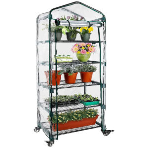 Litgrow Garden Upgraded 5-Tier Mini Greenhouse with Castors Wheels - Portable Small Gardening Green House with PVC Cover - Heavy Duty Swivel Castors with Brakes - 76H x 27L x 19W Indoor & Outdoor