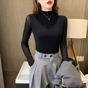 Spring Autumn Black Semi High Collar Slim Fit Mesh T-Shirt