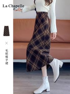La Chabell Plaid Woolen Skirt Womens Spring & Fall Retro High Waist A- line Mid-Length Autumn and Winter Plaid Sheath Skirt