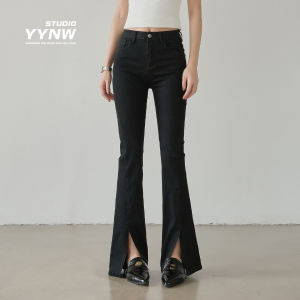 กางเกงยีนส์ทรงขาบานเอวสูงสีดำ ทรงสลิมฟิต ทรงลำลอง กางเกงขายาวทรงขาบานสำหรับผู้หญิง ทรงลำลอง ฤดูร้อน 2025