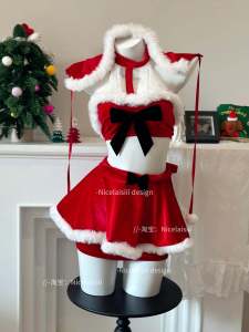 Nicelaisiii Christmas Sweetheart Spicy Girl Style Lace Halterneck Set Strapless Butterfly Knot New Year Date Nightgown