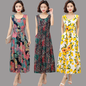 ชุดเดรสยาวผ้าไหมฝ้ายคอตตอนผสมฤดูร้อนสำหรับคุณแม่ ชุดเดรสยาวแขนกุดผ้าไหมฝ้ายผสมลายดอกไม้สำหรับคุณแม่