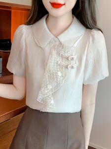 Chiffon Blouses for Women Summer Fancy Shirt Puff Sleeves French Style Shirt Short Sleeve Womens Summer Chic Beautiful Small Shirt