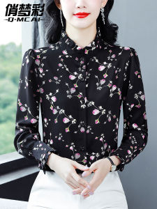 เสื้อเชิ้ตคอตั้งแขนยาวผู้หญิง แฟชั่นฤดูใบไม้ร่วง 2025 ใหม่ ขายดี เสื้อเชิ้ตผู้หญิง ลายดอกไม้ ลดอายุ คอกลม แขนยาว คอกลม