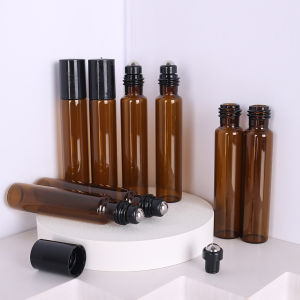 ขวดน้ำหอมลูกกลิ้งทำจากเหล็กกล้าน้ำมันหอมระเหยแบบเติมได้8/ชิ้น5 10มล. สีน้ำตาล