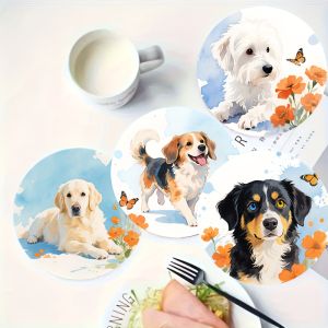 6pcs 2D Puppy Pattern Wooden Flat Coasters Set Round Design Terrace Dining Table Dog House Dog Lovers Artwork Elegant Gift