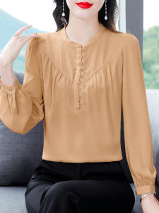 เสื้อเชิ้ตผ้าชีฟองแขนยาวหรูหราสำหรับผู้หญิง ฤดูใบไม้ร่วง 2025 เสื้อผ้าทำงานสไตล์ใหม่ที่หรูหรา เสื้อคลุมหน้าท้องสำหรับคุณแม่